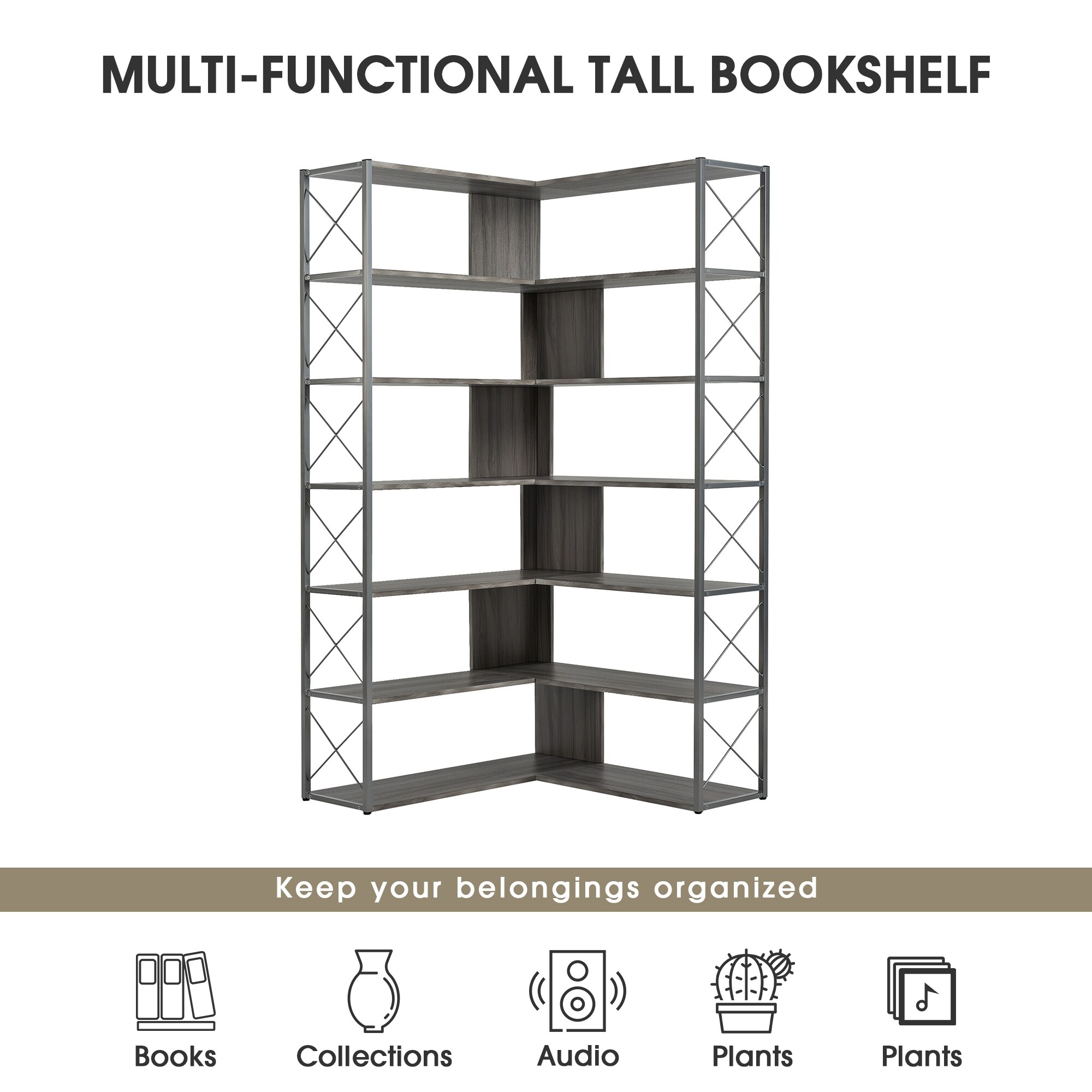 Silver Grey Industrial L Shaped Corner 7 Tier Bookcase Home